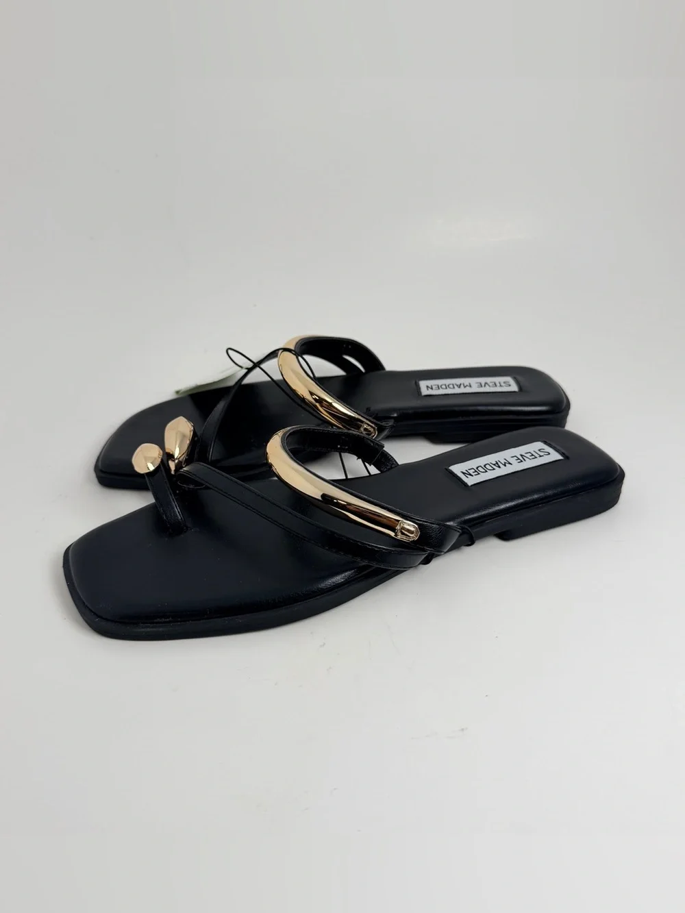 Steve Madden Black Sandal with Gold Metal Hoop and Toe Ring